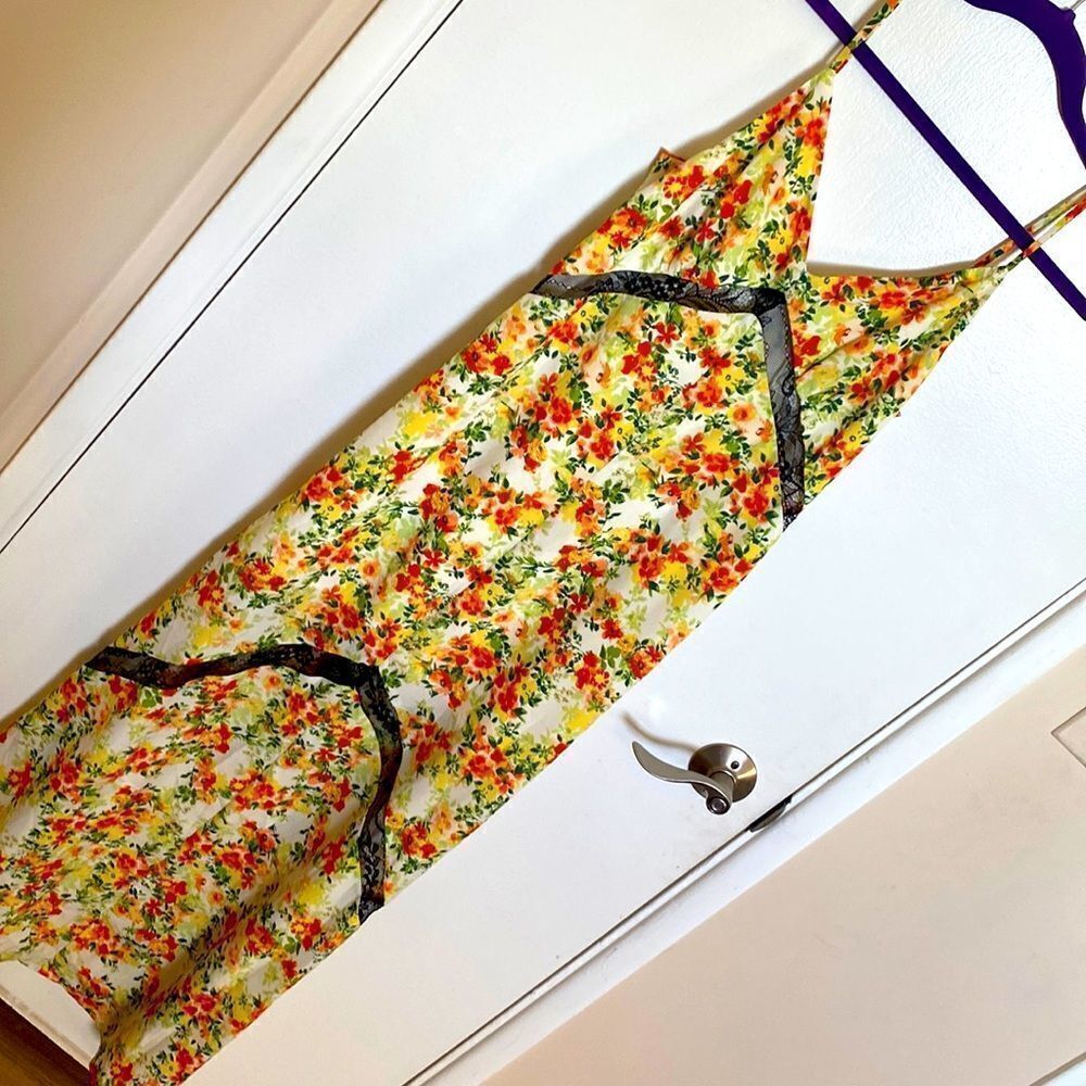 WAYF Baldwin Tangerine Floral Lace Trim Slip Dress  - size xs
